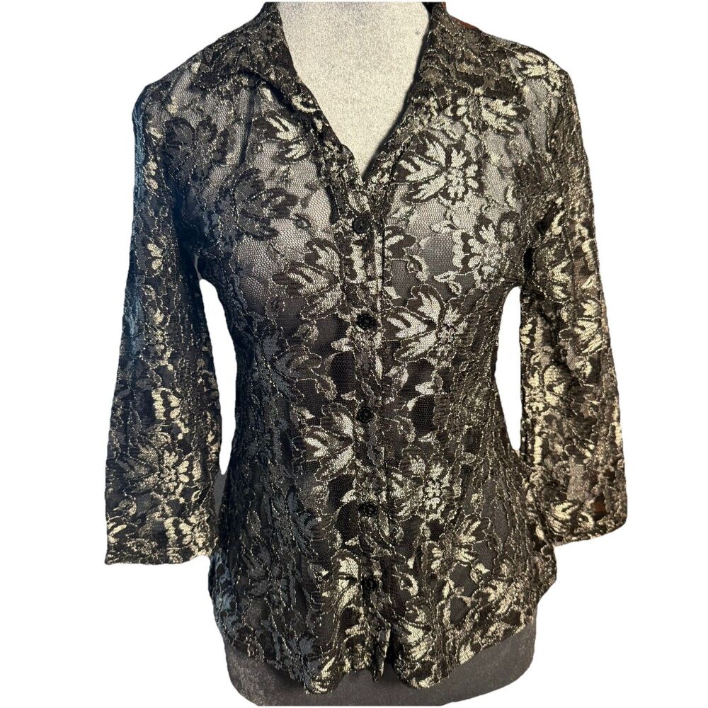 Whimsigoth Sheer Lace Top Metallic Gunmetal Silver Black Fairy Grunge Y2K 1990s